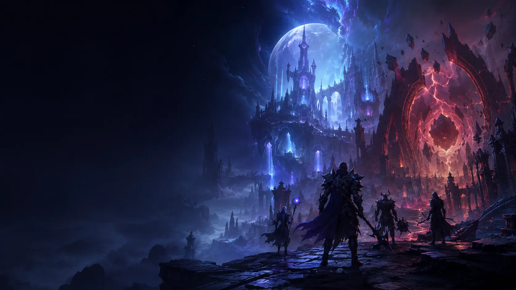 A moonlit fantasy citadel divided by blue and crimson magical energy